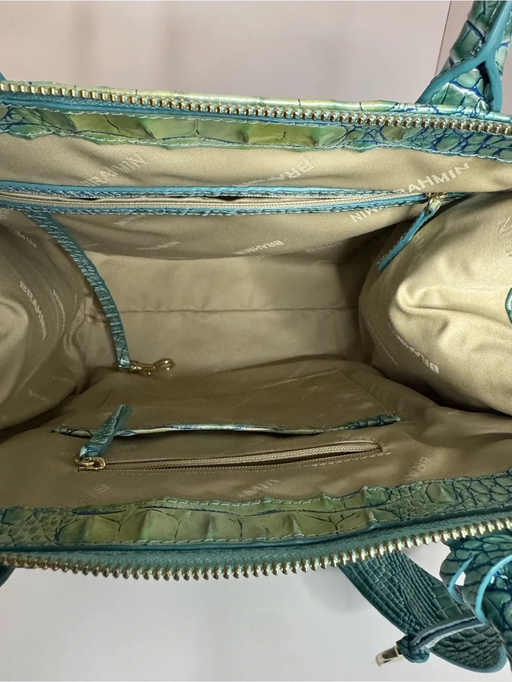 #304 Brahmin Caroline Seafoam Melbourne Embossed Leather Satchel Two-Way Bag